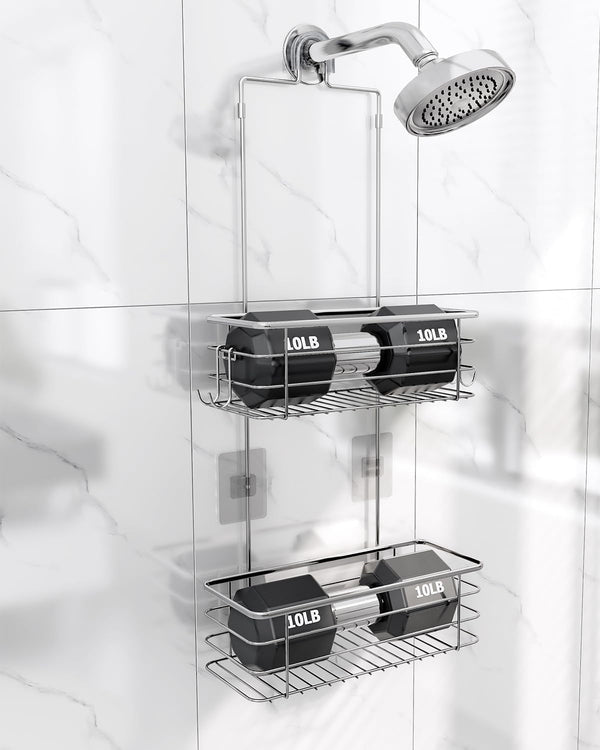 Hanging Shower Caddy, Stainless Steel, 2-Tier Bathroom Organizer Rack over Shower Head with 2 Hooks for Razor and Sponge6