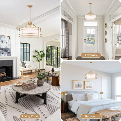 22'' Drum Chandeliers for Dining Room, 5-Light Large Gold Farmhouse Chandelier, Modern round Chandelier Hanging Light Fixture for Living Room Bedroom Foyer Entryway Kitchen Island2