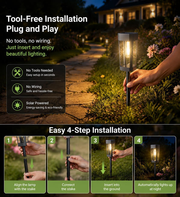 Solar Pathway Lights Outdoor, 8 Pack Tungsten Filament Solar Lights, 3 Modes Auto On/Off, IP65 Waterproof, Dusk to Dawn Solar Garden Lights for Yard, Driveway, Lawn, Walkway & Landscape6