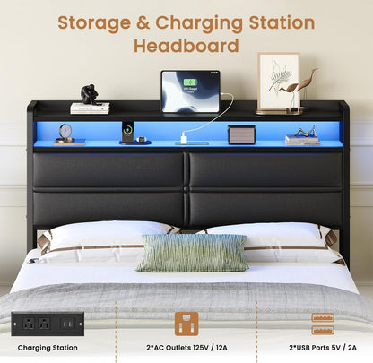 Full Size Bed Frame with LED Lights and Charging Station, Black5