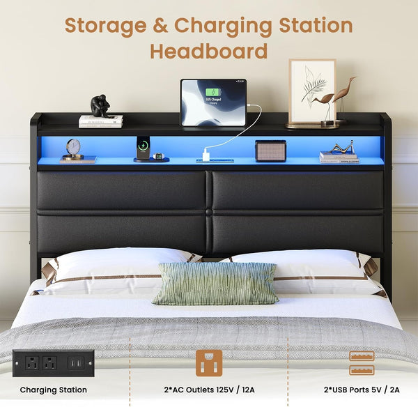 Full Size Bed Frame with LED Lights and Charging Station, Black5