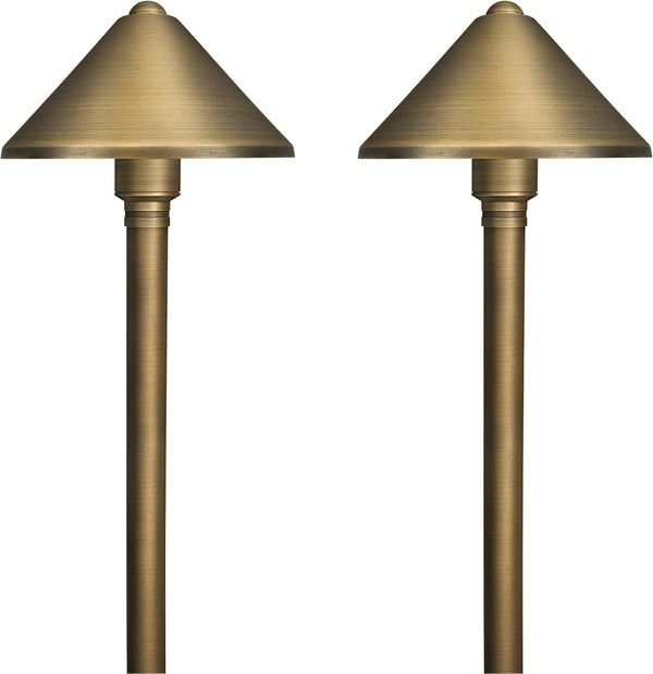 Solid Brass Landscape Path Lights (5" Shade, 20" Tall), Low Voltage LED 3W 12-24V AC/DC Conehead Path Lighting, 2700K Outdoor Waterproof Walkway Light, with Stake and G4 Bulb, 2 Pack1