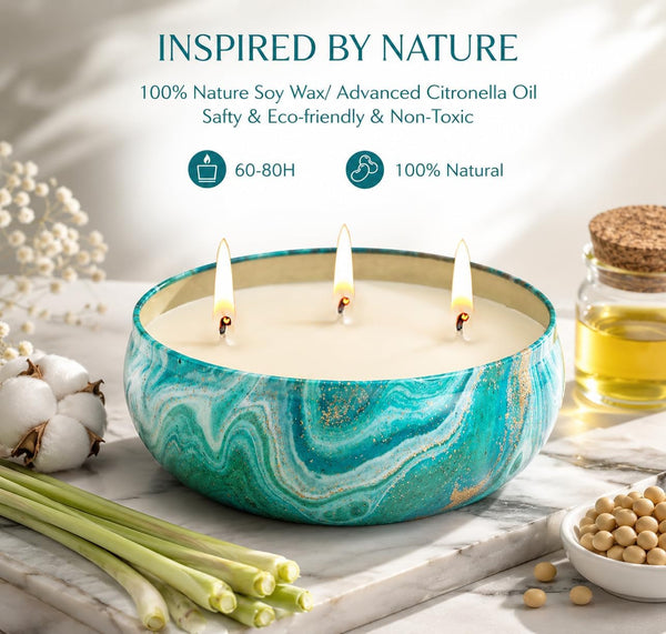 Large Citronella Candles Outdoor Decorative 36Oz, 3 Wick Soy Wax Lemongrass Candle Set, Scented Candle Jar Candle Bulk up to 240Hrs, Summer Camping Candles for Patio, Garden, Balcony, Camping, BBQ4