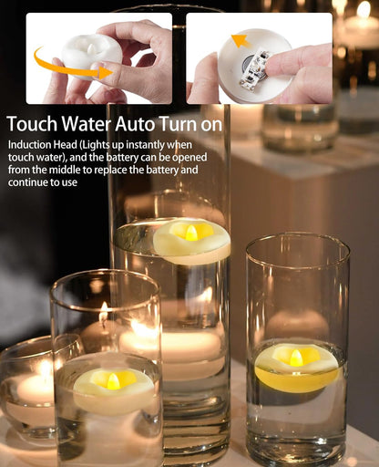 Floating Candles, Water Activated Flameless LED Tea Lights, Waterproof Battery Operated Candles for Wedding Centerpieces, Glass Cylinder Vases, Pool Decoration, Home Decor, 24 Pack, 200 Hours2