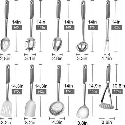 10 Piece Stainless Steel Cooking Utensils Set - 18/0 Heavy Duty Kitchen Tools for Grilling & Serving (Grey)7