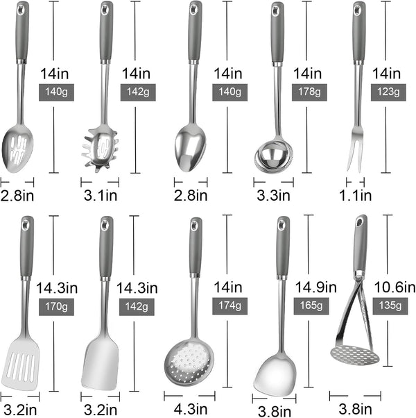 10 Piece Stainless Steel Cooking Utensils Set - 18/0 Heavy Duty Kitchen Tools for Grilling & Serving (Grey)7