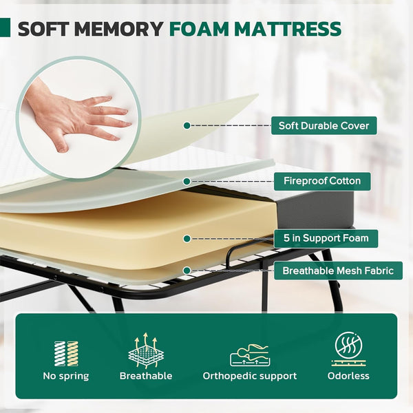 Folding Bed with 5 Inch Mattress, 75” X 31” Portable Rollaway Bed with Memory Mattress, Foldable Bed with Metal Frame for Adults,Guest,Space-Saving4