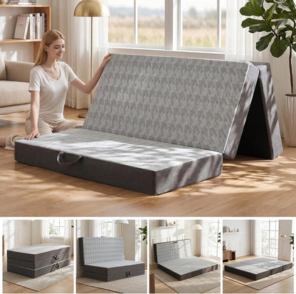 6" Trifold Mattress Full Size, Thick Memory Foam Futon Topper with Portable Handles & Removable Washable Cover, Floor Sofa Bed with Non-Slip Bottom for Camping Pad, Guest Bed, Yoga, Rv (Grey)1