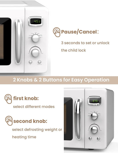 Retro Countertop Microwave Oven,  Compact Microwave Oven 0.9 Cu.Ft. W/Child Lock, 5 Micro Power, Defrost & 8 Auto-Cooking, LED Display, Easy Clean Interior, White, 900 W8