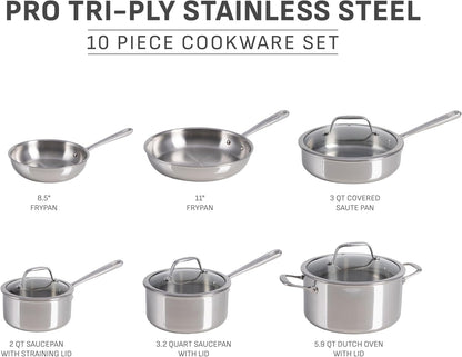 Pro Tri-Ply Stainless Steel 10-Piece Induction Cookware Set | Nsf-Certified, Oven Safe to 500°F, Glass Lids to 350°F, Measuring Marks Inside, All Cooktops Including Induction2
