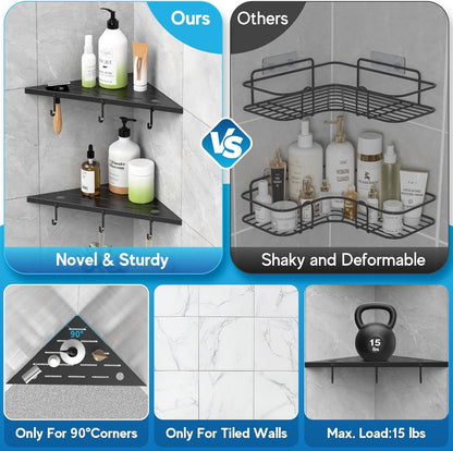 Corner Shower Shelves, 10" Matte Black 304 Stainless Steel Recessed Shelf for Bathroom，Grout in Shelf with Hooks for Tiled Wall 2 Pack (Black)5