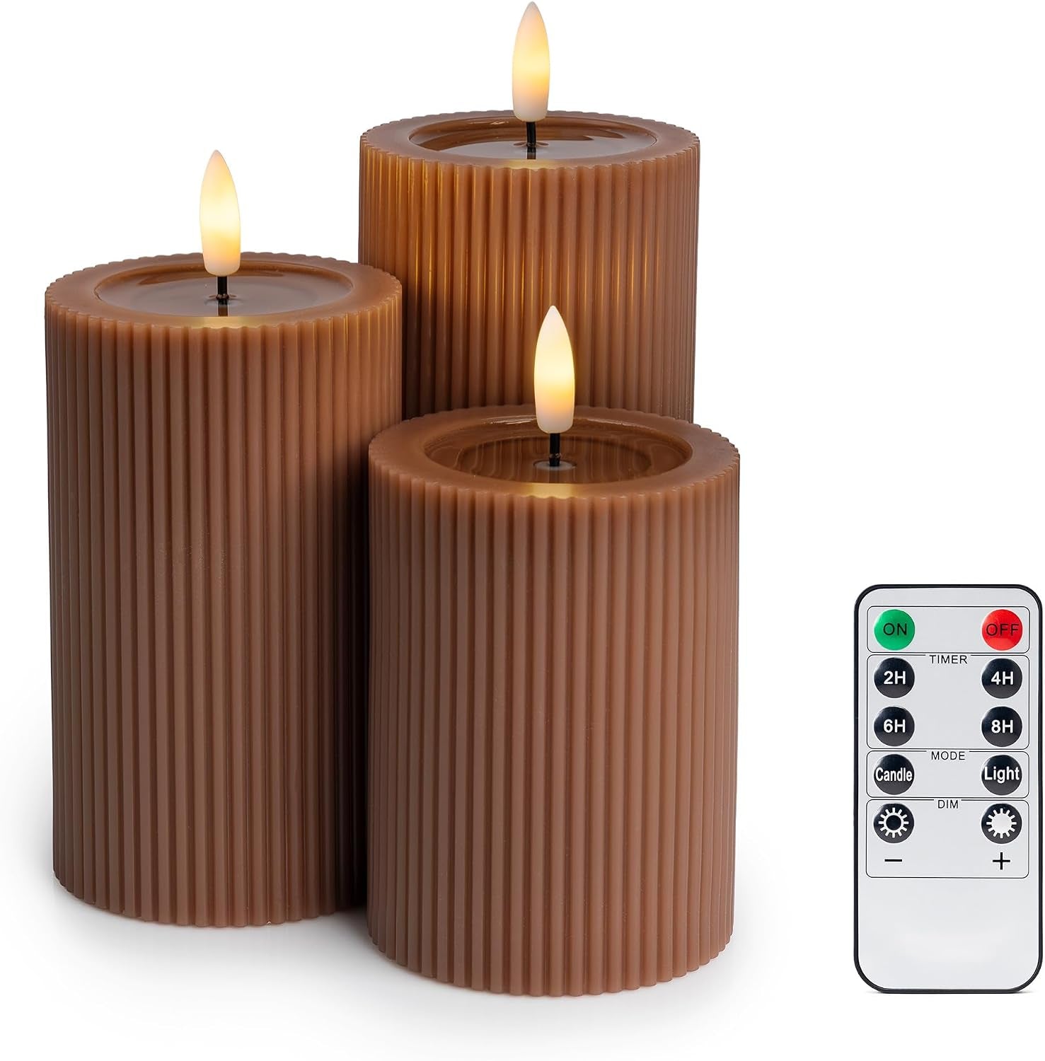fluted-ribbed-led-pillar-candles-brown-with-reflective-melted-wax-effect-flickering-flame-remote-dimmable-flameless-battery-operated-home-wedding-decor-set-of-3