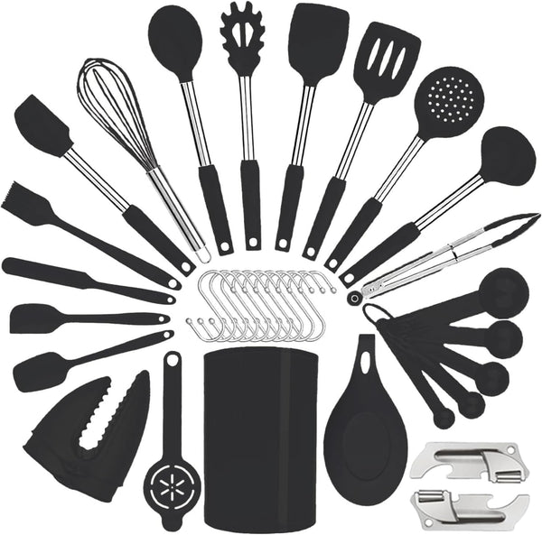 Silicone Kitchen Cooking Utensils Set with Stainless Steel Handle, Spatula Set Utensil Set, Cooking Utensil Set,Kitchen Tools Gadgets for Nonstick Cookware (35, Black)1