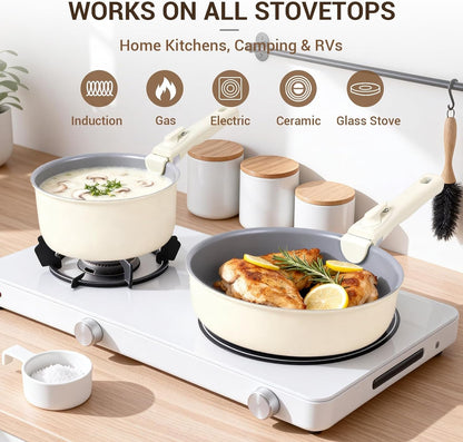 18-Piece Ceramic Pots and Pans Set Non Stick, Non Toxic Cookware Set with Removable Handles, Pot Sets for Cooking, Induction Ready, Dishwasher & Oven Safe, PFAS PFOA & PTFE Free (Cream White)4