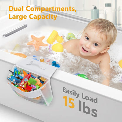 Bath Toy Organizer with 2 Large Pockets, Mesh Bathtub Toy Holder for Kids, Quick Dry Bathroom Storage Bag, Saddle Style Bath Toy Storage for Shampoo, Soap & Bath Essentials, Fits Tub Edges up to 6"2