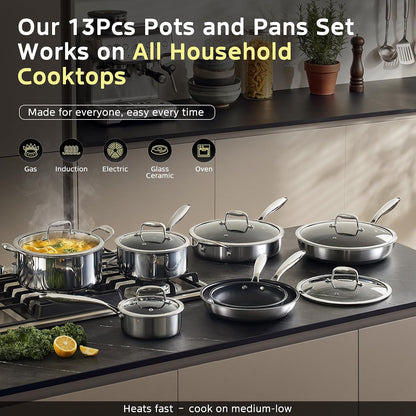 13Pcs Nonstick Pots and Pans Set Stainless Steel Cookware Sets | Hybrid Titanium Non Stick Frying Pans, Saucepans, Saute Pan & Stock Pot, PFOA Free Kitchen Skillet, Induction Compatible5