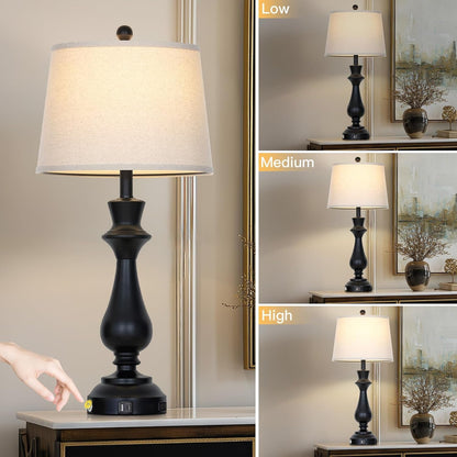 Modern Black Table Lamps Set of 2 for Living Room,30" Tall Bedside Lamp with USB Charging Port,3-Way Dimmable Touch Nightstand Lamp for Bedroom Desk Side Table Office,Black6