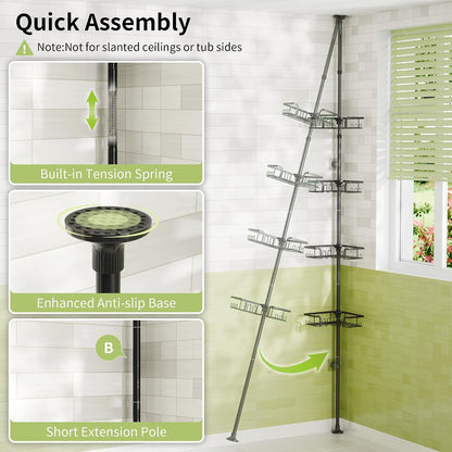 Corner Shower Caddy Tension Pole Adjustable 30.6-127.2 Inch, 4-Tier Rustproof Shower Organizer Shelf Rack, No-Drill Installation Bathroom Storage Shower Caddy Corner Pole, Black7