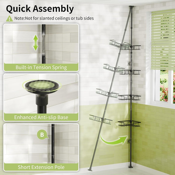 Corner Shower Caddy Tension Pole Adjustable 30.6-127.2 Inch, 4-Tier Rustproof Shower Organizer Shelf Rack, No-Drill Installation Bathroom Storage Shower Caddy Corner Pole, Black7