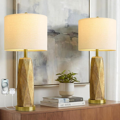 27.5" Gold Table Lamps Set of 2 with USB-A & USB-C Charging Ports, Textured Resin Bedside Lamps with Linen Shade & Rotary Switch, Tall Nightstand Lamps for Bedroom, Living Room Office1
