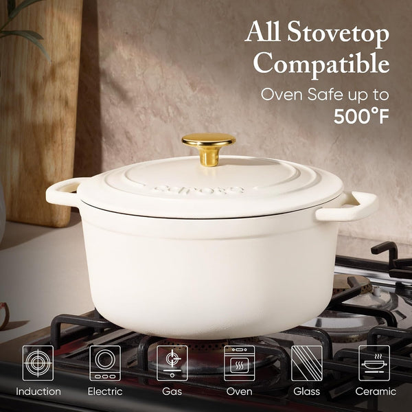 7QT White Enameled Cast Iron Dutch Oven Pot with Lid | Sourdough Bread Baking, Braising, Stews, Roasting, Healthy & Non-Toxic, Dual Handles, Oven Safe up to 500° F3
