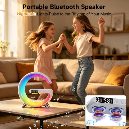 4 in 1 Smart LED Table Lamp, Alarm Clock, Bluetooth Speaker, Wireless Charger, App Control Night Light Bedside Lamp with Fast Charging Station for Bedroom, Home Decor, Family, Teen Girls Boys Gifts6