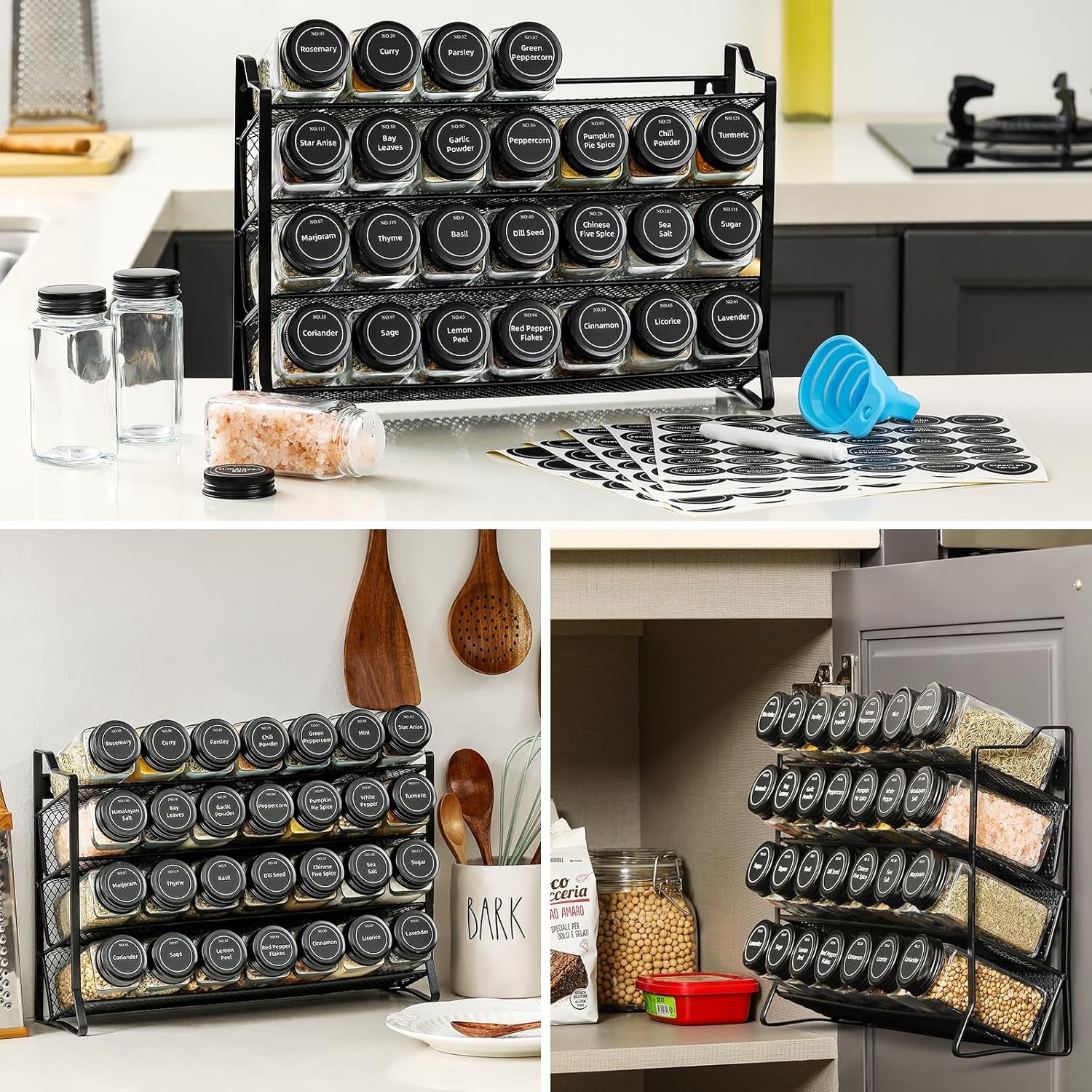 spice-rack-organizer-for-cabinet-spice-organizer-with-28-empty-spice-jars-with-black-lids-funnel-spice-labels-seasoning-organizer-for-countertop-cabinet-kitchen-pantry-cupboard