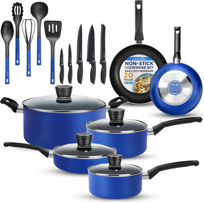 20-Piece Blue Cookware Set with Knives - Includes Multi-Sized Pots and Pans Set Non Stick with Lids and Utensils, Heat Resistant, Dishwasher Safe1