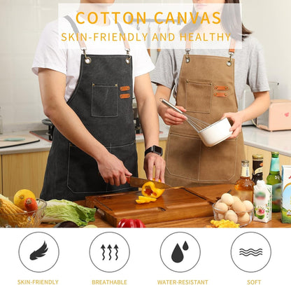 Canvas Cross Back Chef Cotton Aprons for Men Women with Large Pockets2