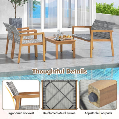 4 Pieces Outdoor Furniture Set, Acacia Wood Frame Sofa Set W/Rattan Seat & Back, Patio Conversation Set W/Coffee Table for Balcony, Poolside, Backyard (Mix Gray)6