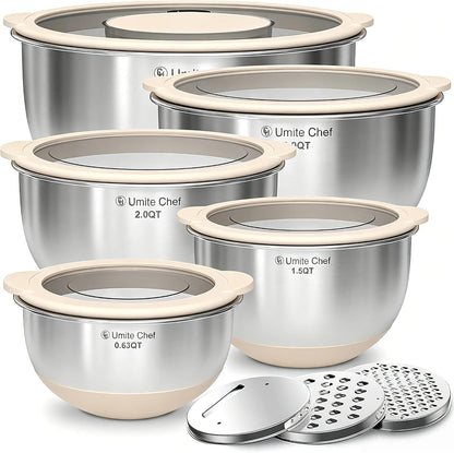 Mixing Bowles Set with Lids Set - Warp-Proof TPR-AS Lids, Stainless Steel Mixing Bowl with 3 Graters & Measuring Lines, Non-Slip Bowls for Baking, Prep, Airtight Food Storage (Khaki 5/3/2/1.5/0.63QT)1