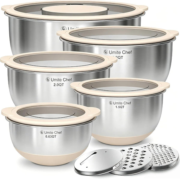 Mixing Bowles Set with Lids Set - Warp-Proof TPR-AS Lids, Stainless Steel Mixing Bowl with 3 Graters & Measuring Lines, Non-Slip Bowls for Baking, Prep, Airtight Food Storage (Khaki 5/3/2/1.5/0.63QT)1
