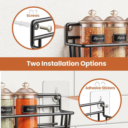 5 Pack Spice Rack Seasoning Organizer Wall Mount, Screw or Adhesive Hanging Shelf Basket Spice Organizer Shelf for Kitchen, Black3