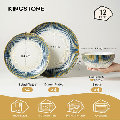 12-Piece Stoneware Dinnerware Set, Blue Reactive Glaze for 42