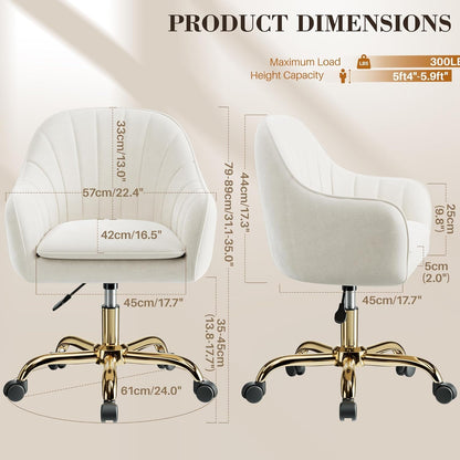 Vanity Chair with Wheels, Comfy Home Office Desk Chairs Adjustable Modern Velvet Makeup Vanity Chairs for Bedroom Living Room-Beige3