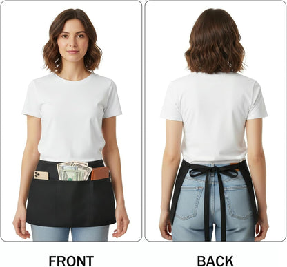 Waist Apron with 3 Pockets - Black Waitress Waiter Server Short Aprons4