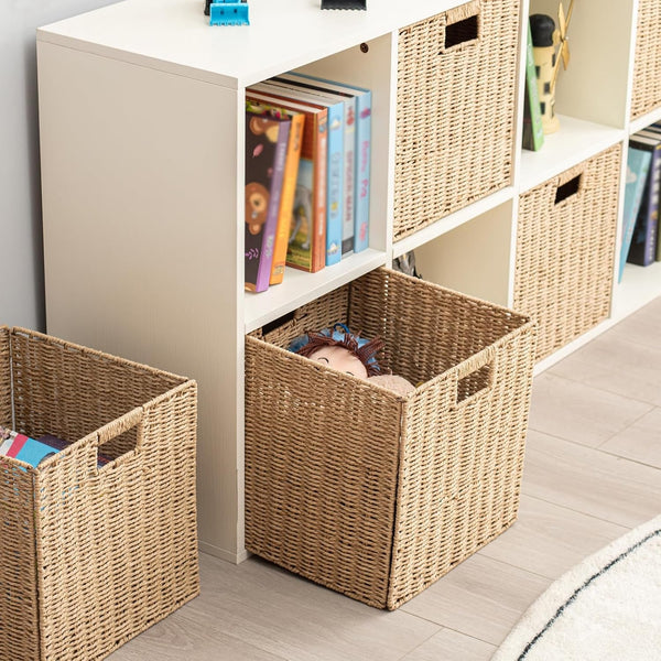 Handwoven Paper Woven Cube Basket Organizer with Handles Set of 4 Foldable Storage Baskets for Bedroom Living Room Cubby Storage Units for Clothes Books Toys (Natural, 13" L X 13" W X 13" H)3