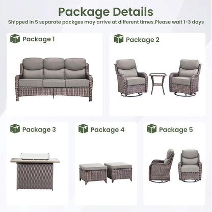 Luxury Patio Furniture Set with 6-Inch Thick Cushion, Outdoor Furniture with Fire Pit Table, Swivel Chairs, Sofa, Side Table, Ottomans, 9Pcs Wicker Conversation Set(Brown Wicker/Grey Cushion)2