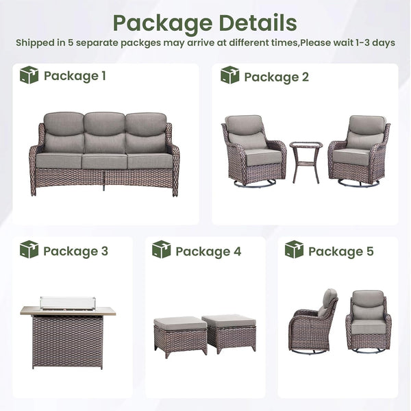 Luxury Patio Furniture Set with 6-Inch Thick Cushion, Outdoor Furniture with Fire Pit Table, Swivel Chairs, Sofa, Side Table, Ottomans, 9Pcs Wicker Conversation Set(Brown Wicker/Grey Cushion)2