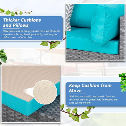 Patio Furniture Sets, 5 Piece Outdoor Sectional Sofas, Wicker Rattan Outdoor Furniture Patio Conversation Set, All-Weather PE Rattan Outdoor Couch for Backyard, Garden, Gray & Blue4