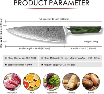 Damascus Chef Knife 8 Inch, Professional Japanese Kitchen Knives Sharp High Carbon Super Steel with Ergonomic Pakkawood Handles, Elegant Gift Box Packaging4