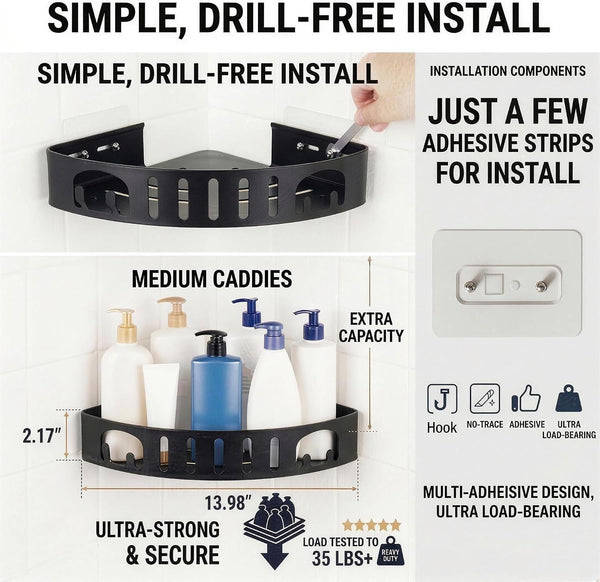 Adhesive Corner Shower Caddy with Hooks,No Drill Aluminum Shower Shelf 2PCS5