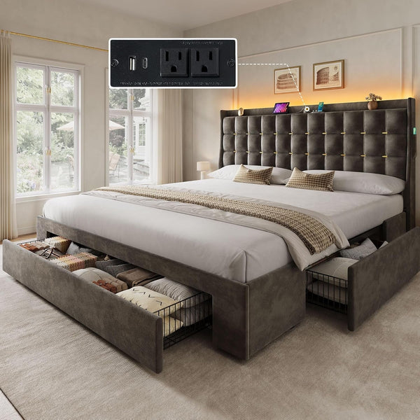King Size Bed Frame with 3 Storage Drawers and RGB LED Lights1