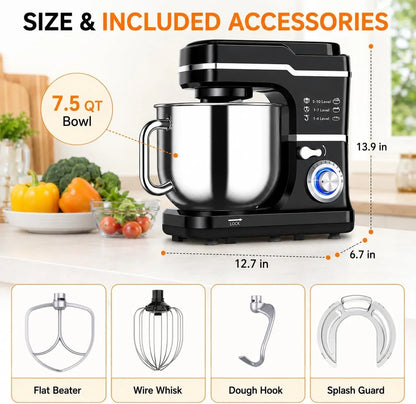 7.5 QT Stand Mixer, 10-Speed Tilt-Head Electric Mixer with Stainless Steel Bowl, Dough Hook, Whisk, Beater, Splash Guard – Powerful 660W Motor for Baking, Whipping & Mixing, Black6