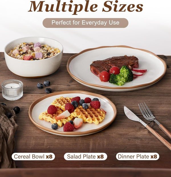 24 Piece Dinnerware Sets for 8 - Farmhouse Ceramic Plates and Bowls Sets - Scratch Resistant Stoneware Dishes Set, Dishwasher & Microwave Safe, Stack Compactly Dishware - Vintage White5