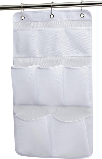 Mesh Shower Organizer Hanging Bathroom Caddy 8 Pockets Hang Curtain Rod with 3 Rings1