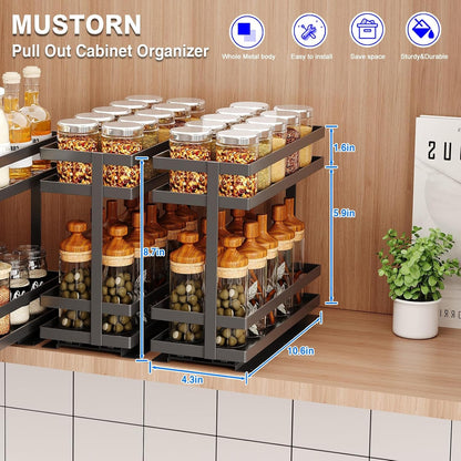 2 Pack Pull Out Spice Rack Organizer for Cabinet, 2 Tier Metal Slide Out Seasoning Organizer and Storage Heavy Duty Vertical Spice Rack Shelf Pullout for Kitchen Cabinets No Drilling (Black)2