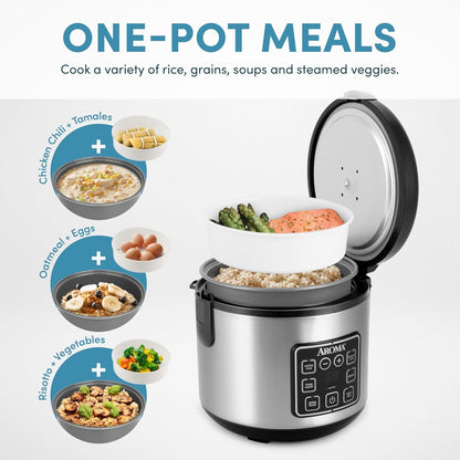 Digital Rice Cooker, 4-Cup (Uncooked) / 8-Cup (Cooked), Steamer, Grain Cooker, Multicooker, 2 Qt, Stainless Steel Exterior, ARC-914SBD2