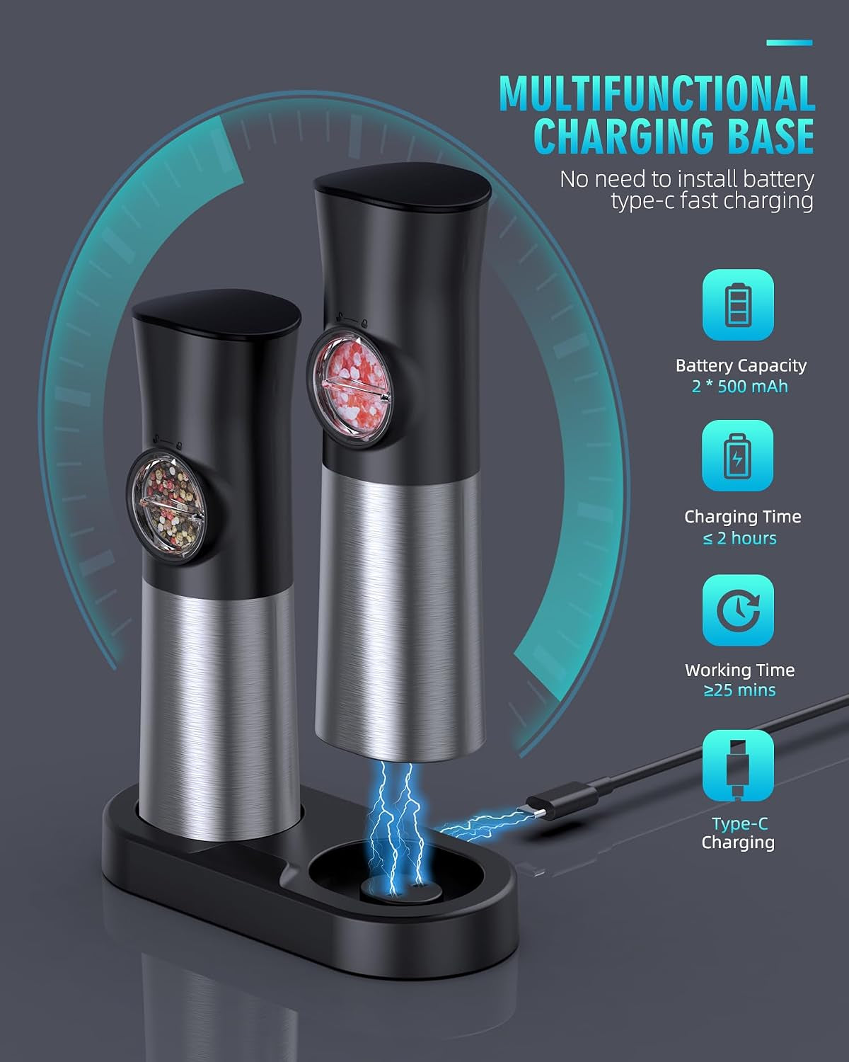 gravity-electric-salt-and-pepper-grinder-set-usb-rechargeable-automatic-salt-and-pepper-grinders-with-charging-base-adjustable-coarseness-one-handed-operation-led-light-stainless-steel