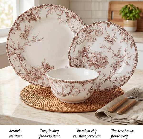 Adelaide Brown on White 12-Piece Dinnerware Set – Service for 4, Big Dinner Plates and Bowls Sets,Durable Porcelain, Microwave and Dishwasher Safe, for Everyday Dining & Entertainment3